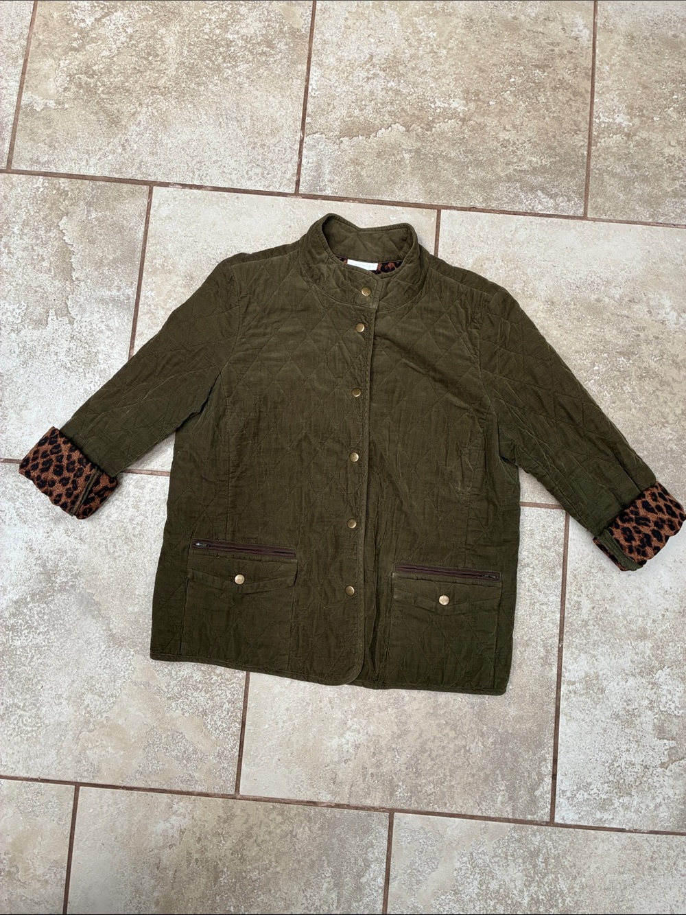 Charter Club Olive Quilted Puffer Jacket with Leopard Cuff Accents